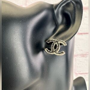 Chanel CC Enamel Glitter Silver Tone Stud Earrings